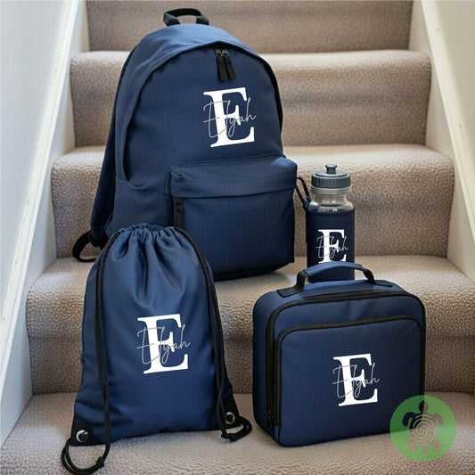 Personalised Back to School Essential Child's Sky Blue Rucksack with Name and Initial, Lunch box & water bottle. Toddler Kids Nursery