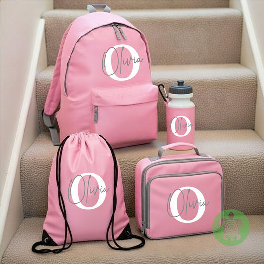 Personalised Back to School Essential Child's Light Pink Rucksack with Name and Initial, Lunch box & water bottle. Toddler Kids Nursery
