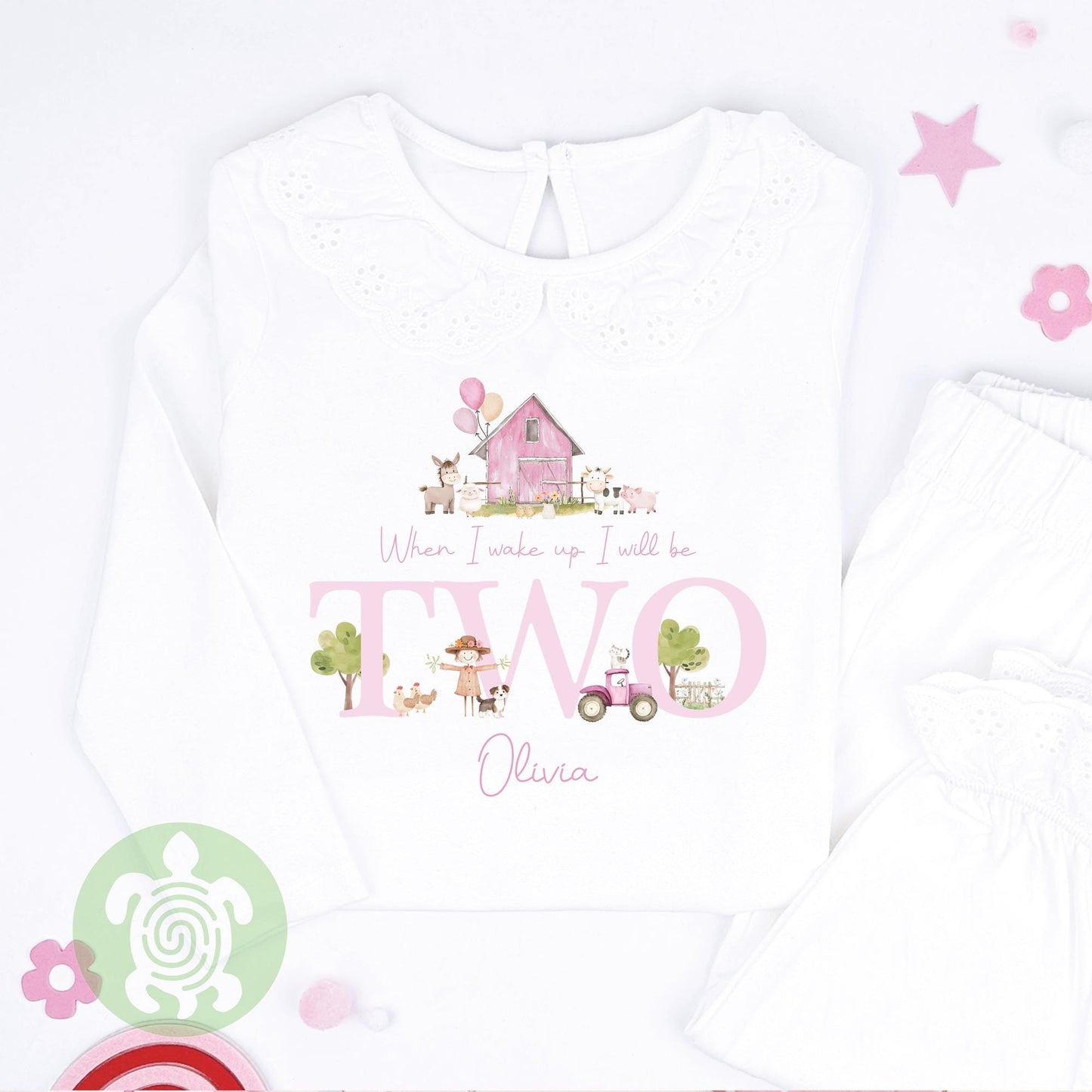 Personalised Pink Farm House Birthday Pyjamas, When I Wake Up I’ll Be, Farm Themed Birthday PJs, Green Strips, Baseball Nightwear, Any Age