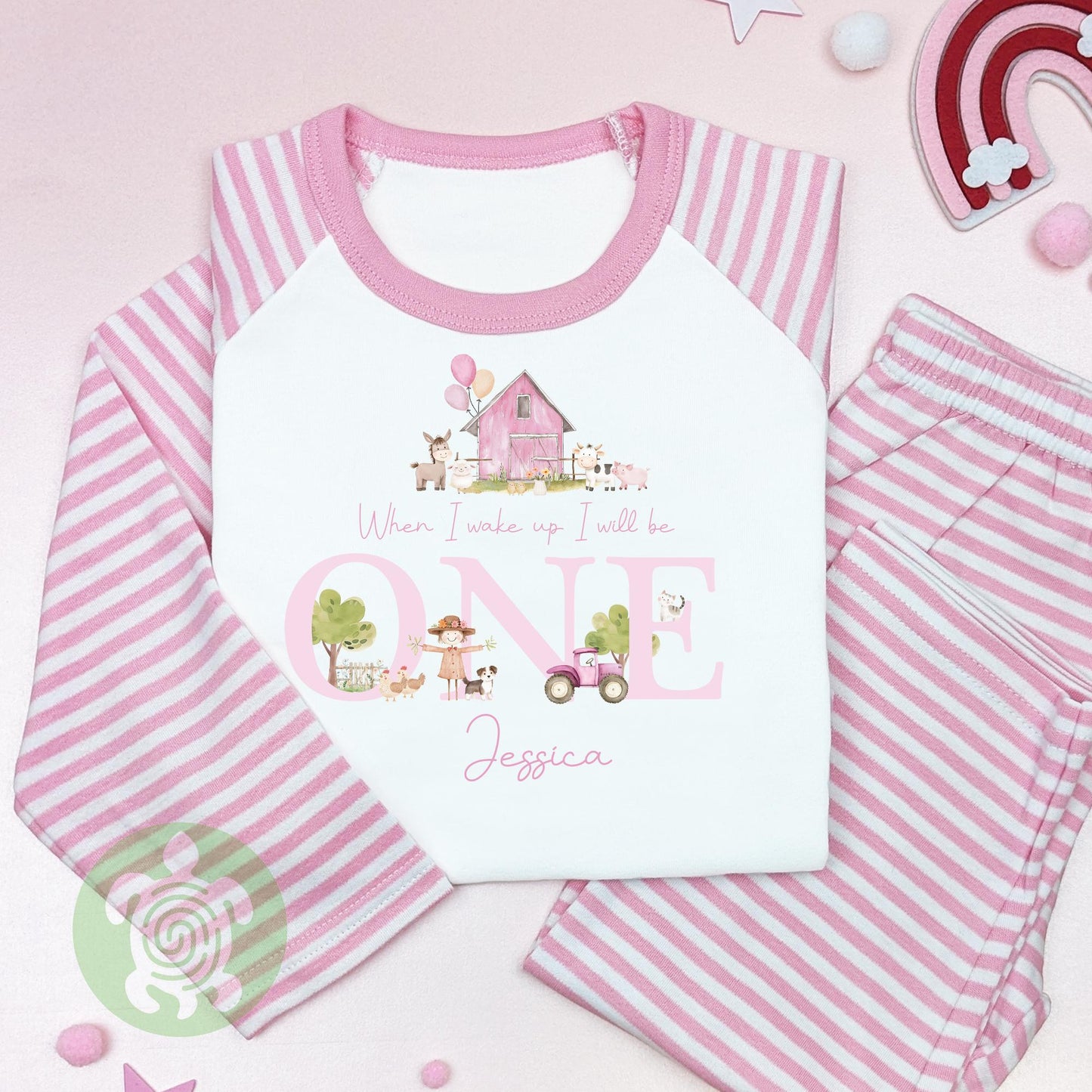 Personalised Pink Farm House Birthday Pyjamas, When I Wake Up I’ll Be, Farm Themed Birthday PJs, Green Strips, Baseball Nightwear, Any Age