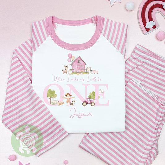Personalised Pink Farm House Birthday Pyjamas, When I Wake Up I’ll Be, Farm Themed Birthday PJs, Green Strips, Baseball Nightwear, Any Age