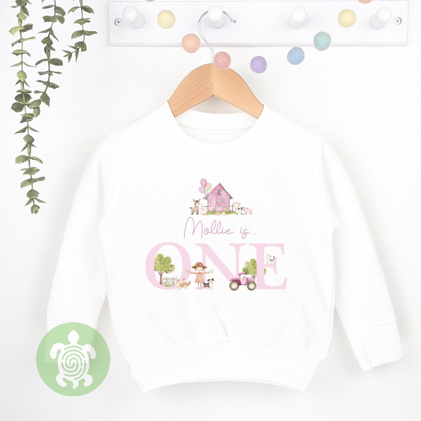 Pink Farm House Any Age, 1st Birthday Party Sweatshirt, Personalised First Birthday design Childs Jumper Sweatshirt Baby Boy Girl