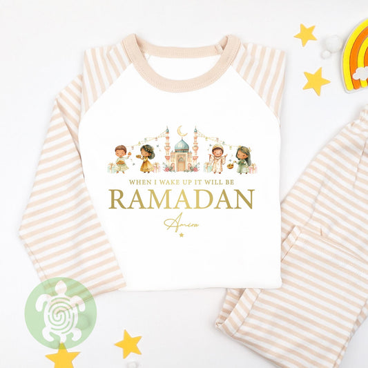Personalised When I Wake Up It’s Ramadan Pyjamas for Kids, Ramadan and Eid Sleepwear, Celebration Pyjamas, Eid Ramadan, Stripped Nightwear