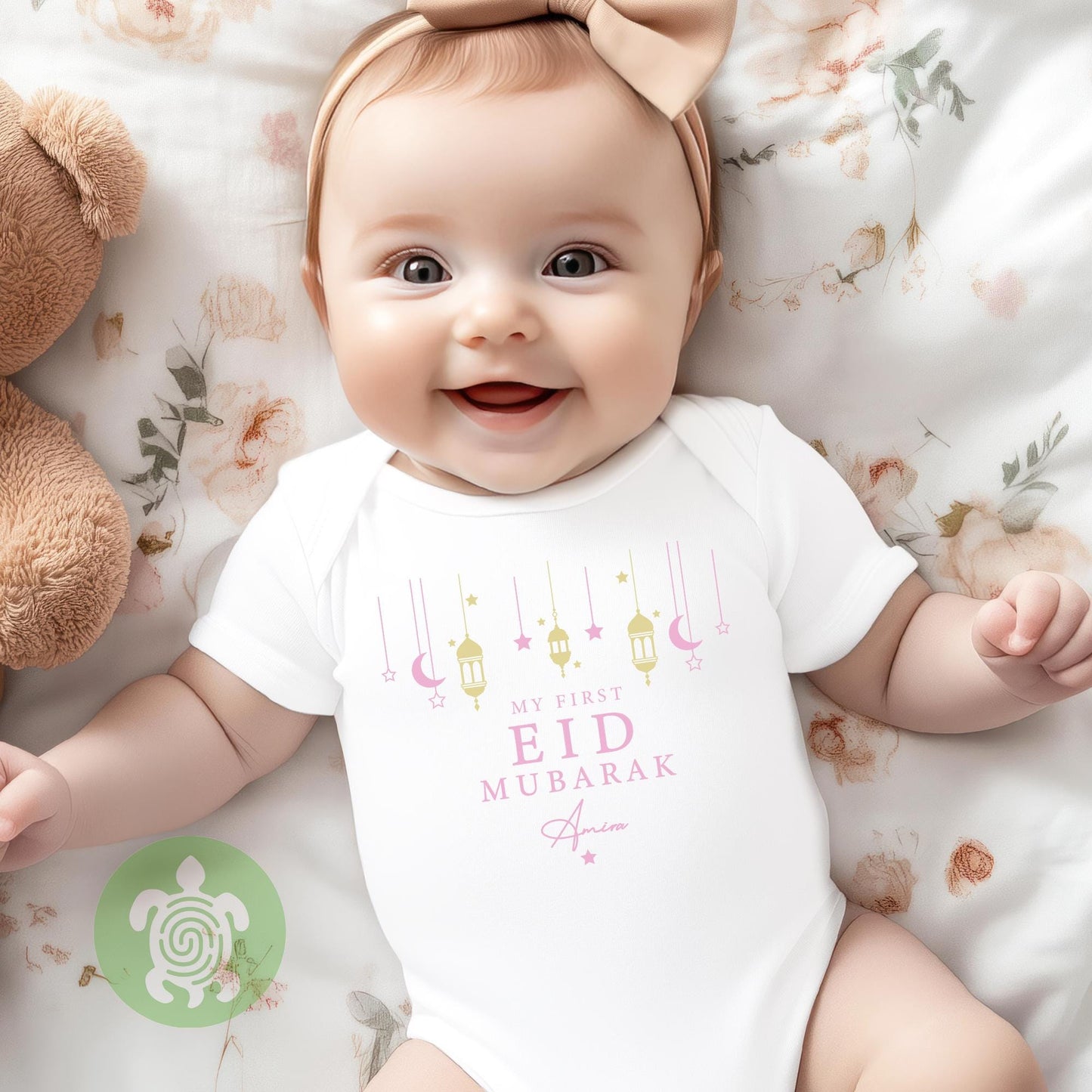 Personalised My First Eid Pink with Metallic Gold design Eid Mubarak Rompersuit Pyjamas Eid Ramadan Baby Newborn outfit