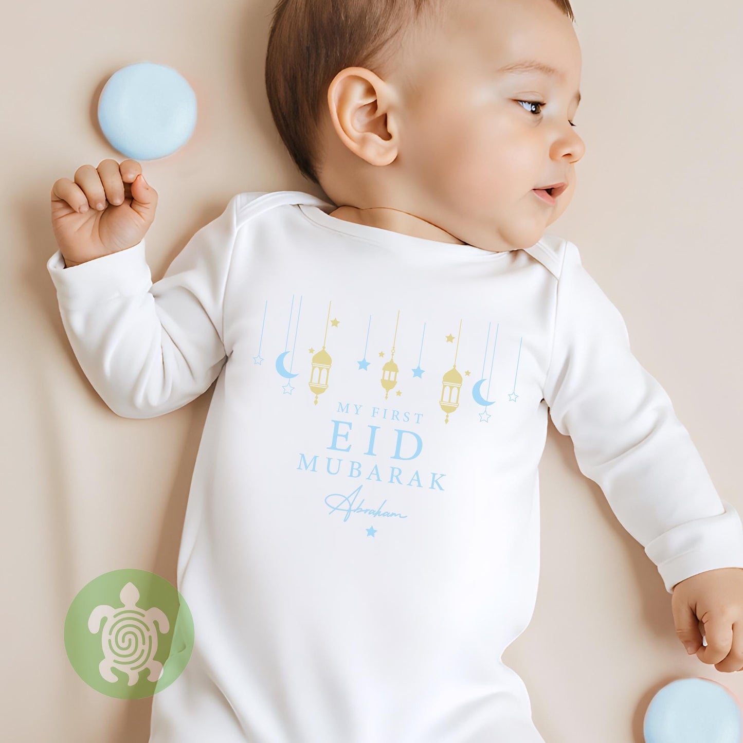 Personalised My First Eid Blue with Metallic Gold design Eid Mubarak Rompersuit Pyjamas Eid Ramadan Baby Newborn outfit