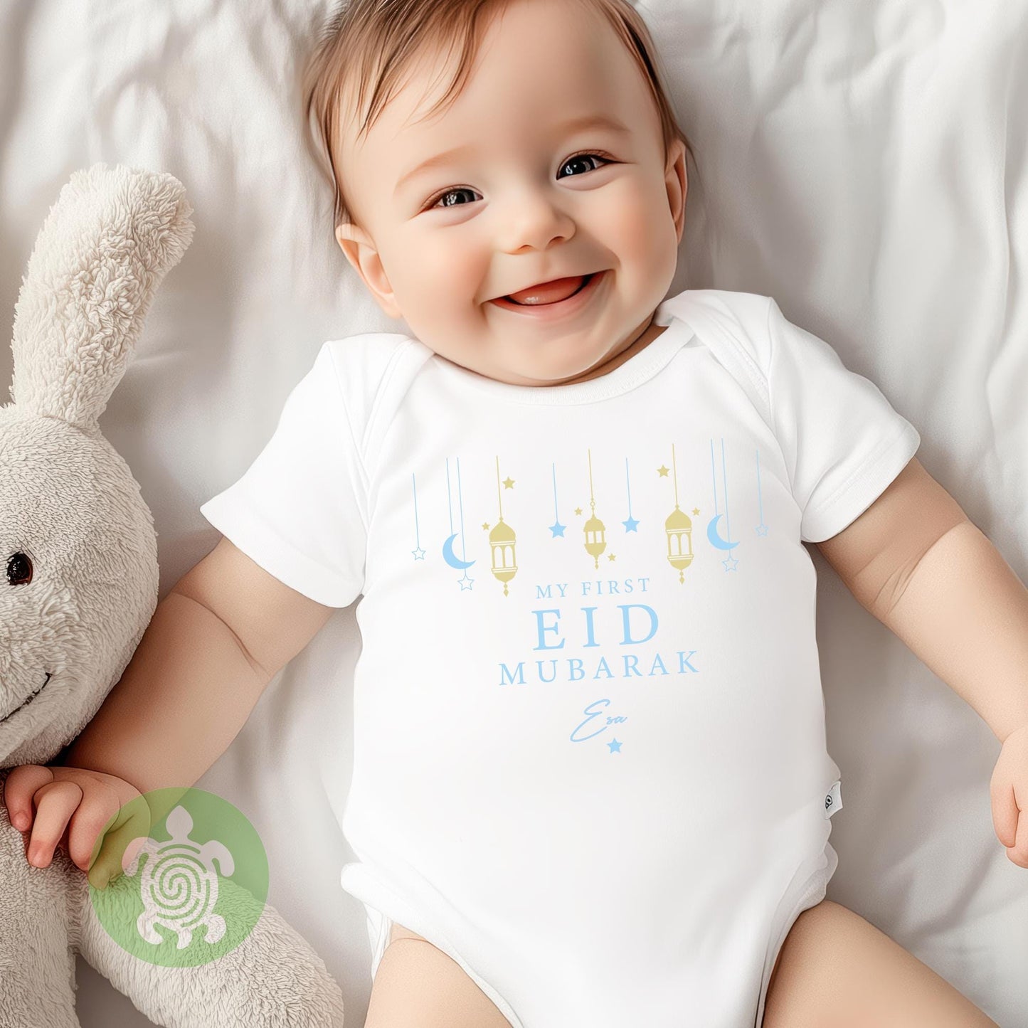 Personalised My First Eid Blue with Metallic Gold design Eid Mubarak Rompersuit Pyjamas Eid Ramadan Baby Newborn outfit
