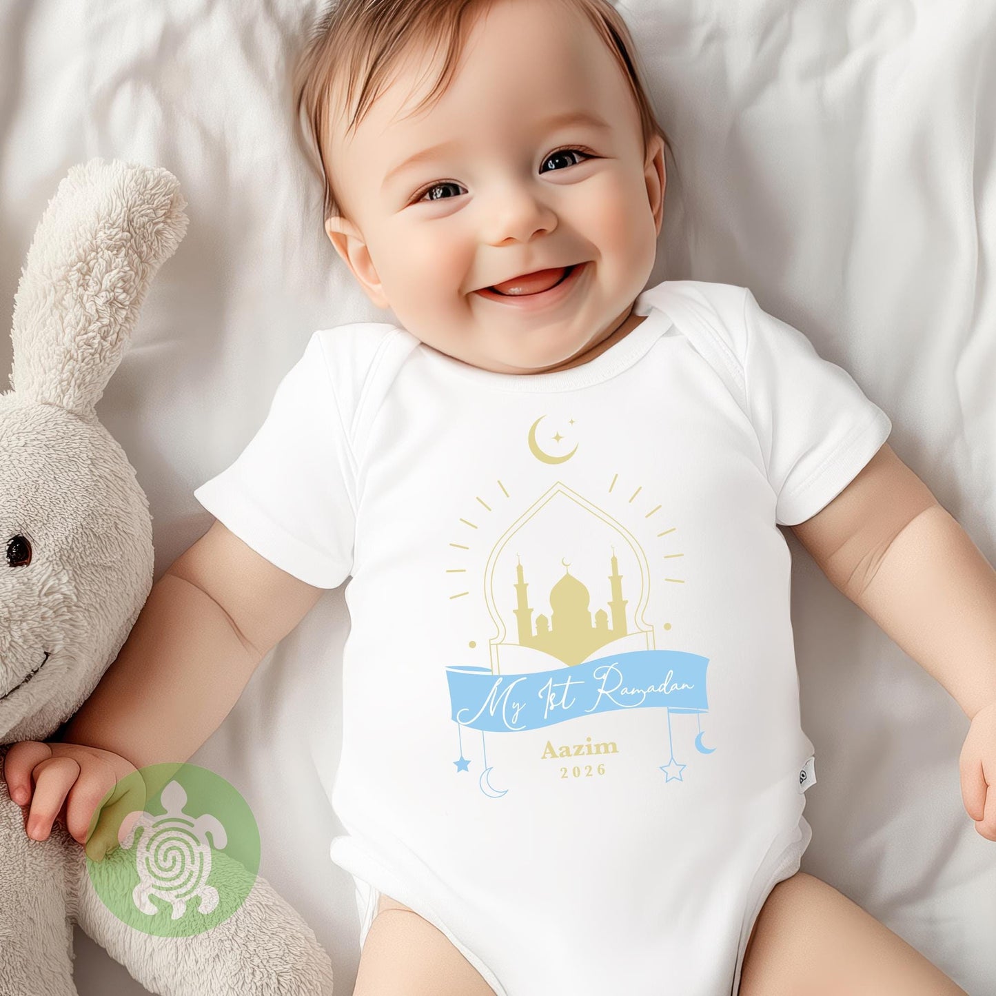 Personalised Baby Blue My First Ramadan, Babygrow Romper, Sleepsuit Boy, 1st Eid Ramadan Gift, Baby Newborn, Metallic gold print, Babies 1st