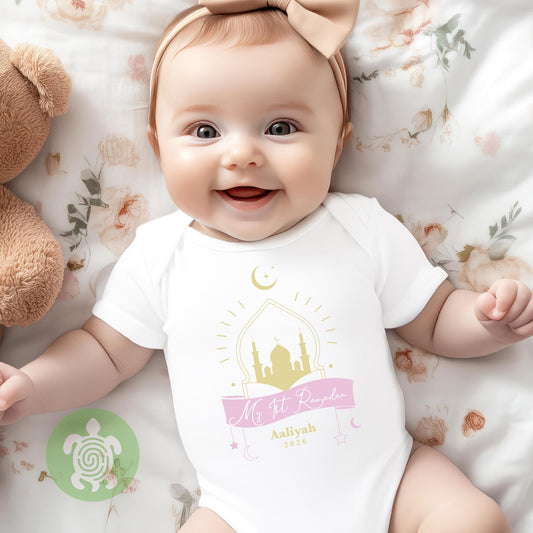 Personalised Baby Pink My First Ramadan, Babygrow Romper, Sleepsuit Girls, 1st Eid Ramadan Gift, Baby Newborn, Metallic gold prin