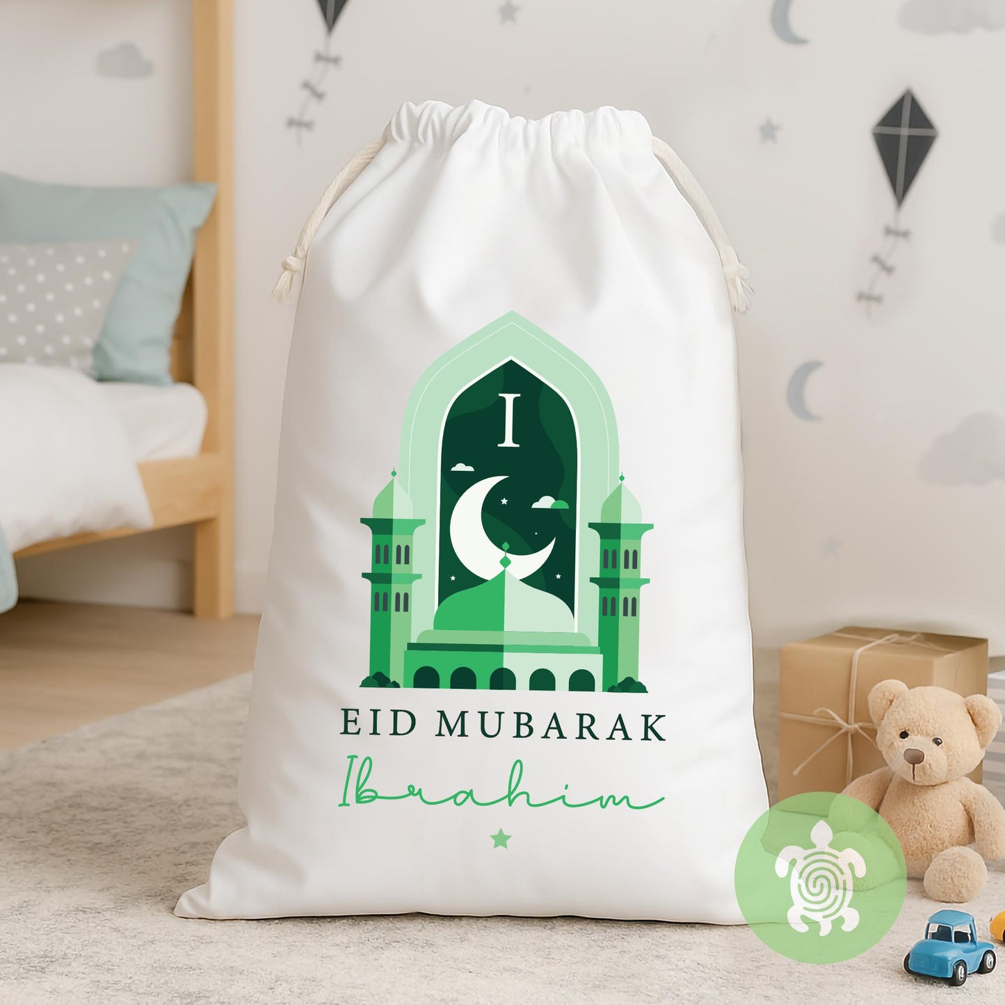 Personalised Eid Mubarak Gift Sack, Luxury Linen Polyester Present Sack, Children Kids Eid Gift, Ramadan, Blue, Pink, Beige, Purple, Green