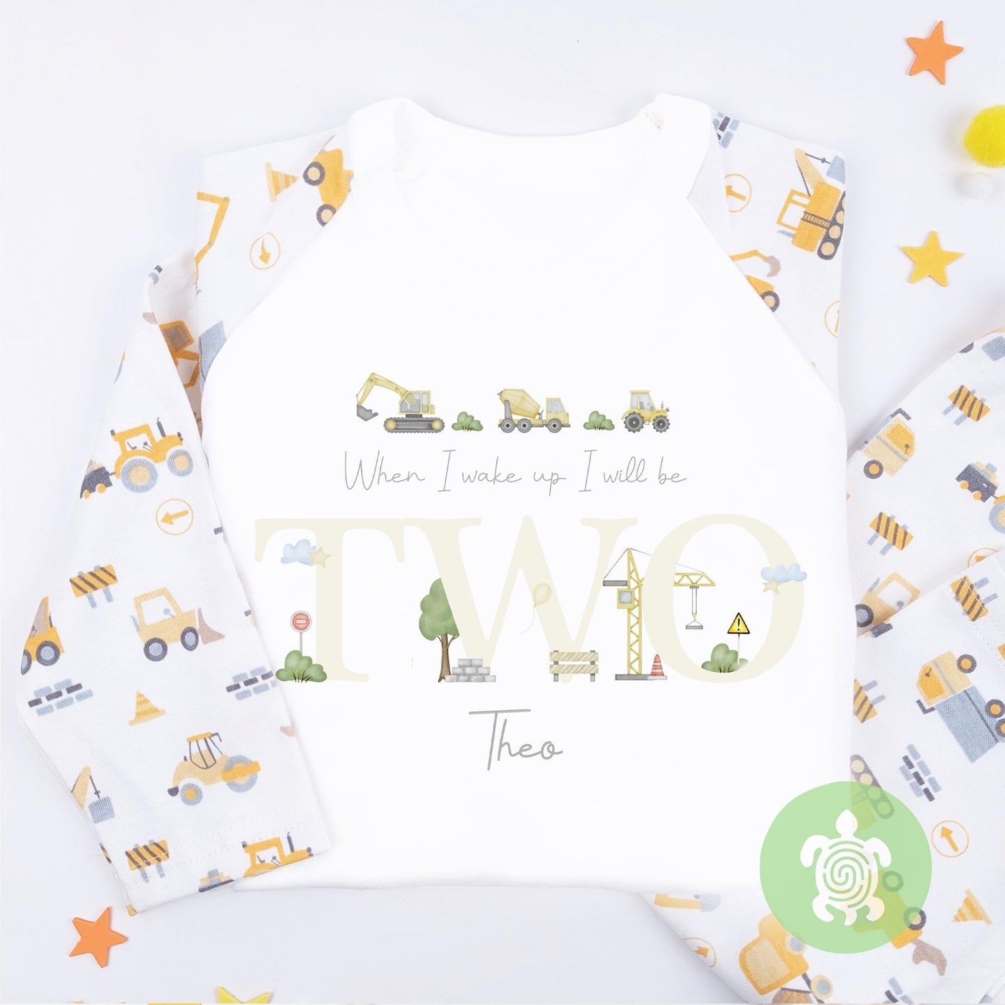 Personalised Little Threes Digger Children's Pyjamas, Any Age, When I Wake Up Birthday, Boy Birthday Outfit, 1st 2nd, Birthday Eve Nightwear