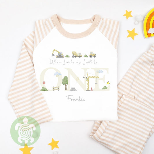 Personalised Little Threes Digger Children's Pyjamas, Any Age, When I Wake Up Birthday, Boy Birthday Outfit, 1st 2nd, Birthday Eve Nightwear