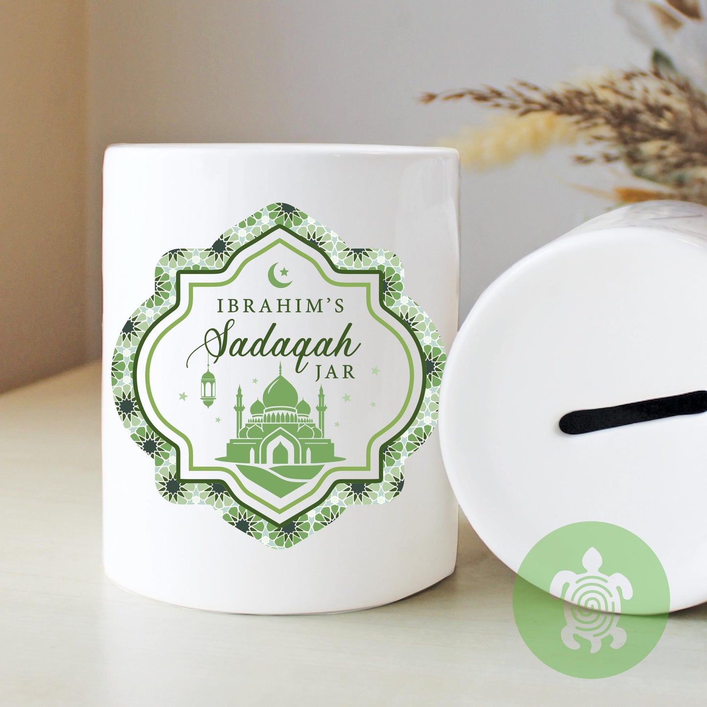 Personalised Sadaqah Ceramic Money Box, Charity Jar, Savings Box, Islamic Gift, Eid Mubarak, Ramadan, Girih, Pink, Blue, Green, Purple, Gold