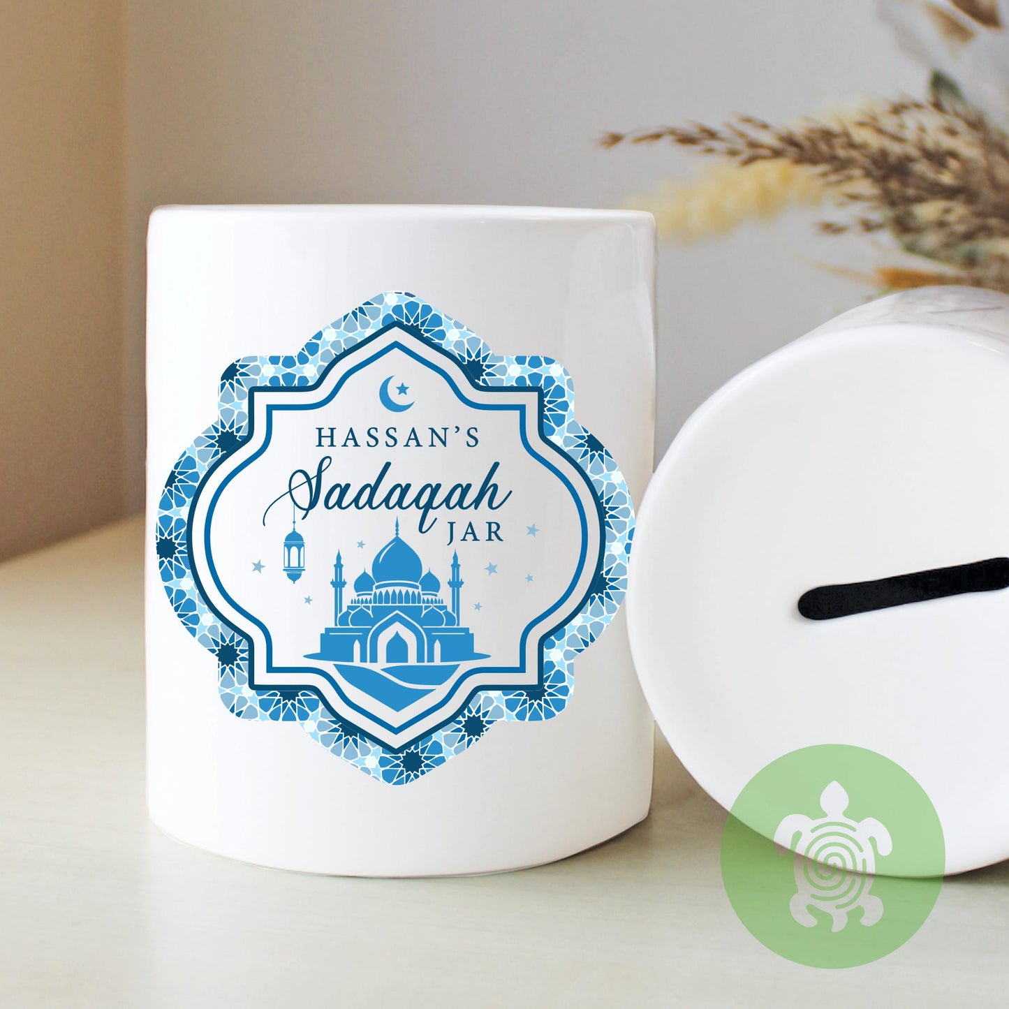 Personalised Sadaqah Ceramic Money Box, Charity Jar, Savings Box, Islamic Gift, Eid Mubarak, Ramadan, Girih, Pink, Blue, Green, Purple, Gold