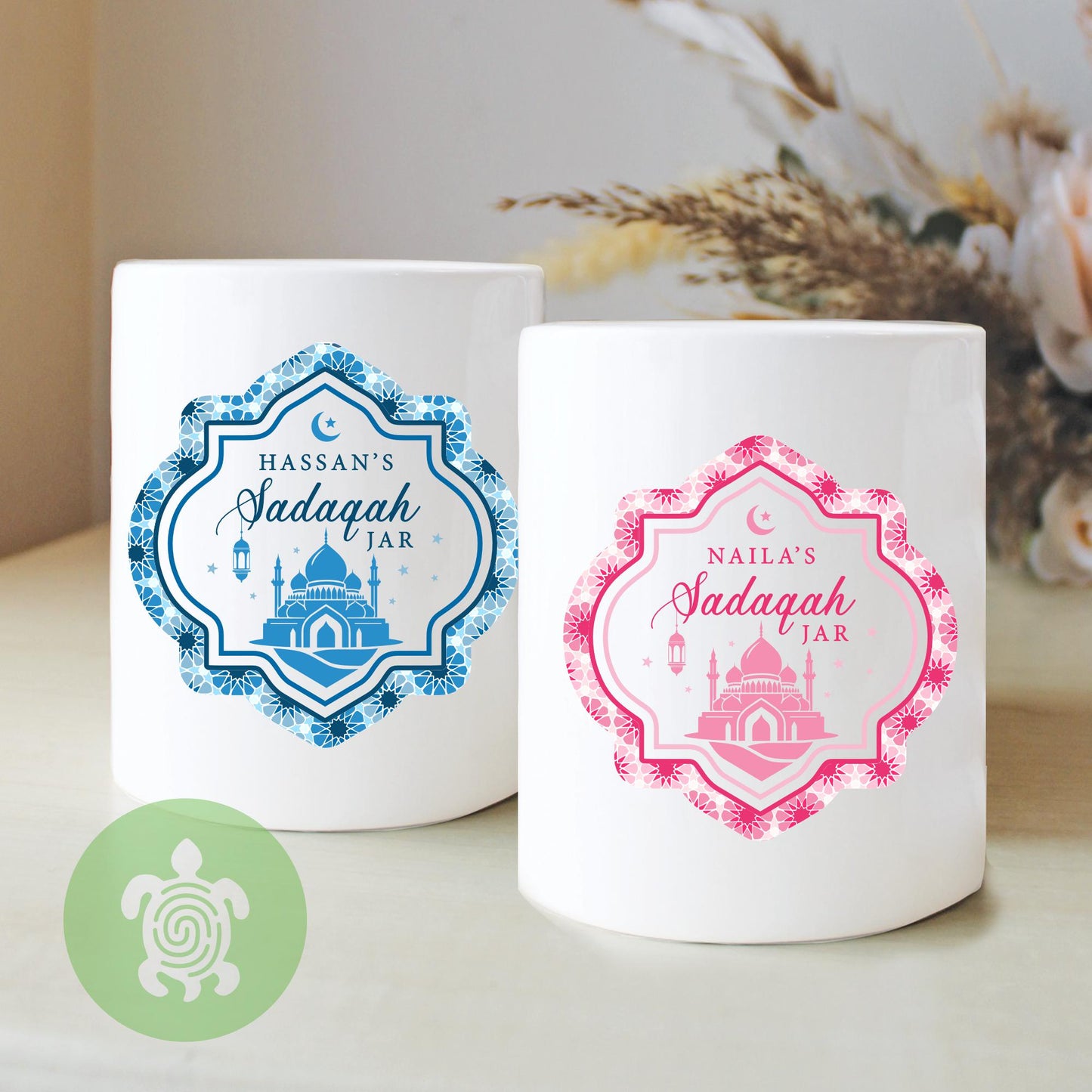 Personalised Sadaqah Ceramic Money Box, Charity Jar, Savings Box, Islamic Gift, Eid Mubarak, Ramadan, Girih, Pink, Blue, Green, Purple, Gold
