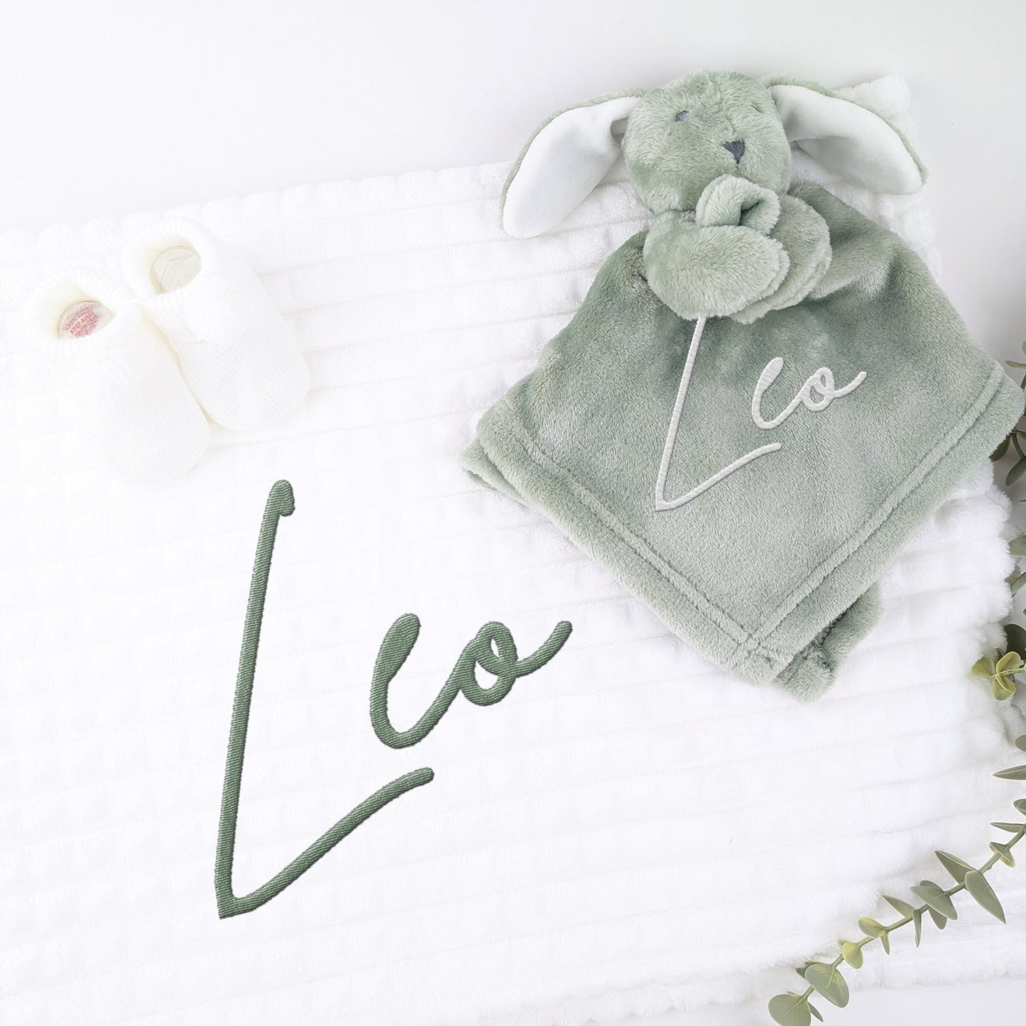 Embroidered Sage Green Bunny Comforter Blanket Gift Set | Baby Shower Gift | Baby Booties | Baby Gift | Newborn Girl Boy | Newborn Baby Gift