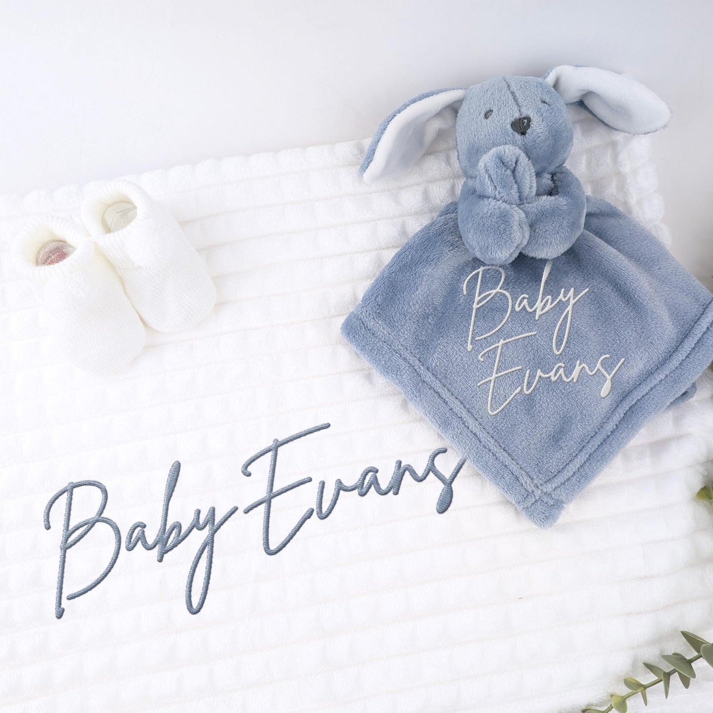 Embroidered Dusty Blue Bunny Comforter Blanket Gift Set | Baby Shower Gift | Baby Booties | Baby Gift | Newborn Girl Boy | Newborn Baby Gift