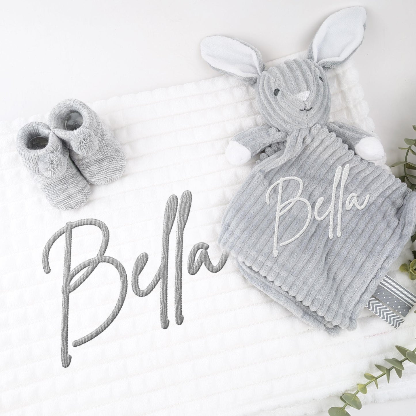 Embroidered Dusty Grey Bunny Comforter Blanket Gift Set | Baby Shower Gift | Baby Booties | Baby Gift | Newborn Girl Boy | Newborn Baby Gift