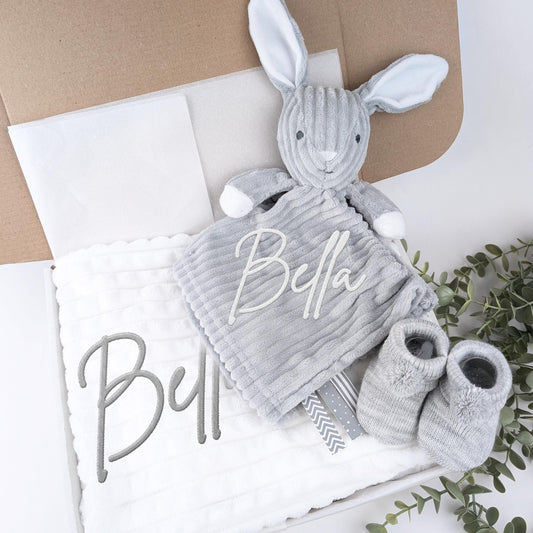 Embroidered Dusty Grey Bunny Comforter Blanket Gift Set | Baby Shower Gift | Baby Booties | Baby Gift | Newborn Girl Boy | Newborn Baby Gift