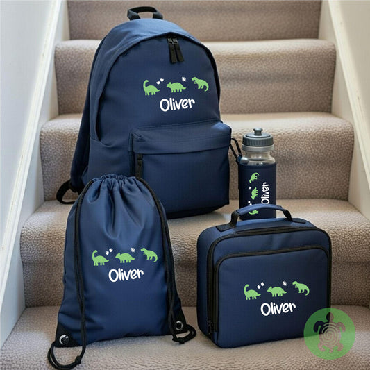 Personalised Dinosaur Back to School Essential Child's Blue Rucksack with Name| Lunch box | Water bottle | Pencil Case | PE | for Kids