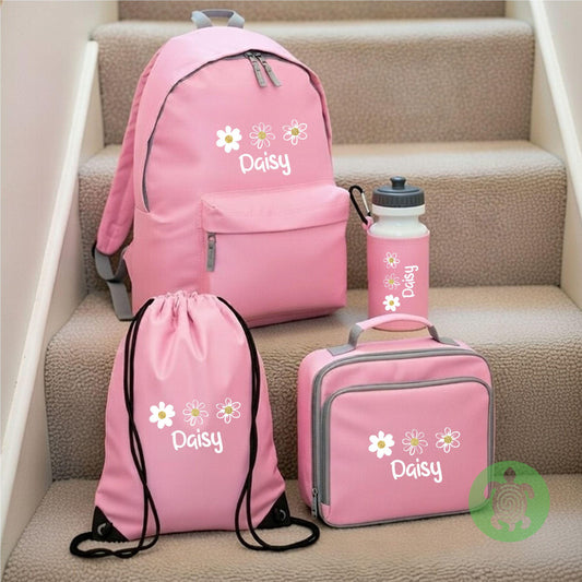 Personalised Daisy Back to School Essential Child's Pink Rucksack with Name| Lunch box | Water bottle | Pencil Case | PE | Backpack for Kids