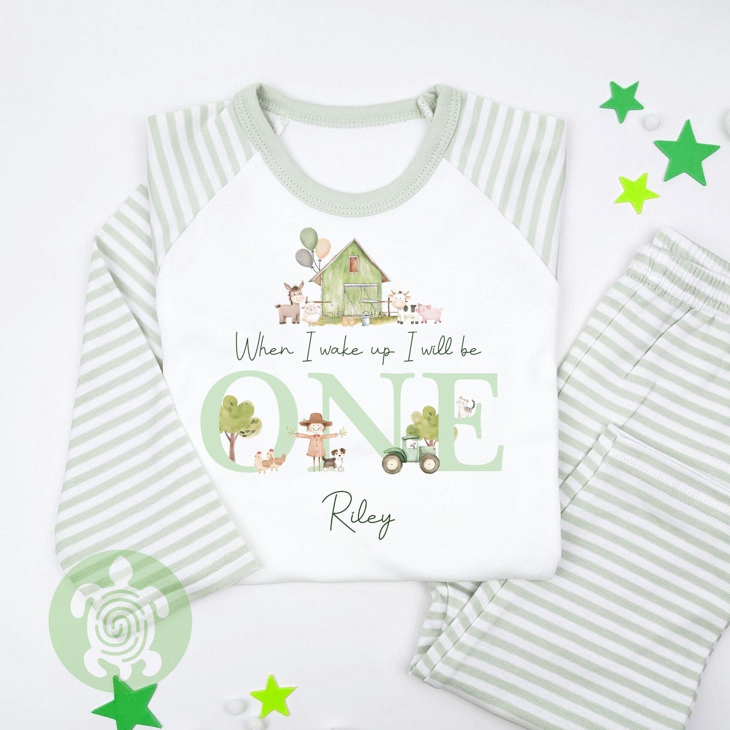 Personalised Green Farm House Birthday Pyjamas, When I Wake Up I’ll Be, Farm Themed Birthday PJs, Green Strips, Baseball Nightwear, Any Age