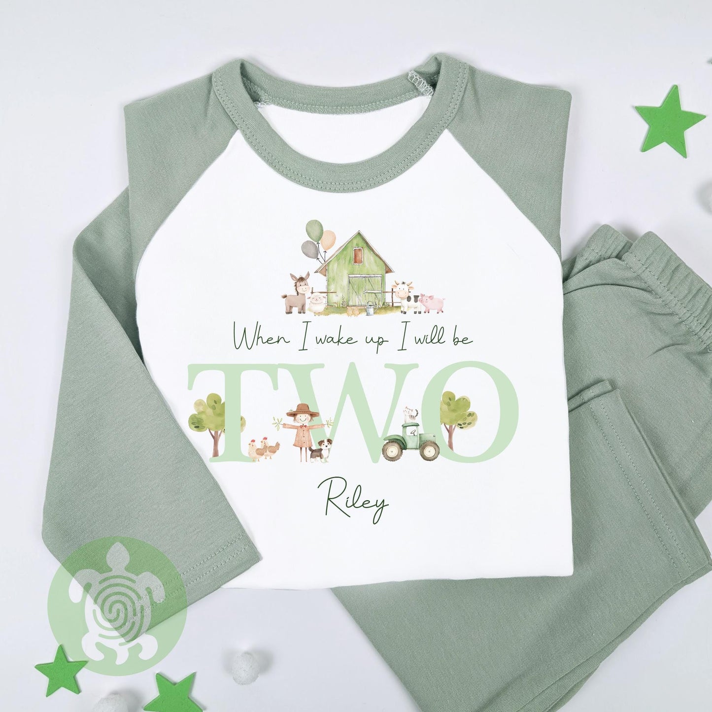 Personalised Green Farm House Birthday Pyjamas, When I Wake Up I’ll Be, Farm Themed Birthday PJs, Green Strips, Baseball Nightwear, Any Age