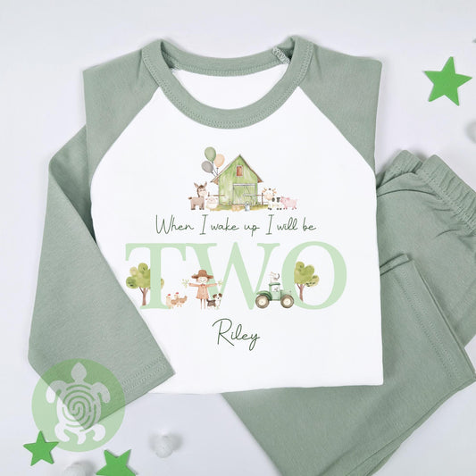 Personalised Green Farm House Birthday Pyjamas, When I Wake Up I’ll Be, Farm Themed Birthday PJs, Green Strips, Baseball Nightwear, Any Age