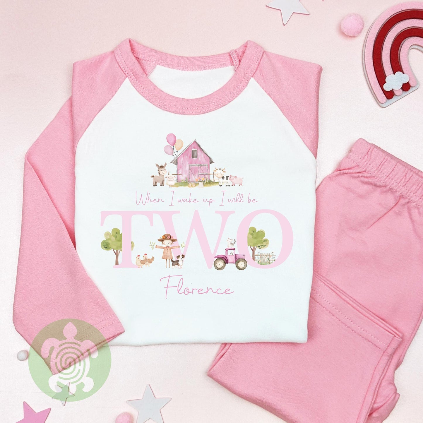 Personalised Pink Farm House Birthday Pyjamas, When I Wake Up I’ll Be, Farm Themed Birthday PJs, Green Strips, Baseball Nightwear, Any Age