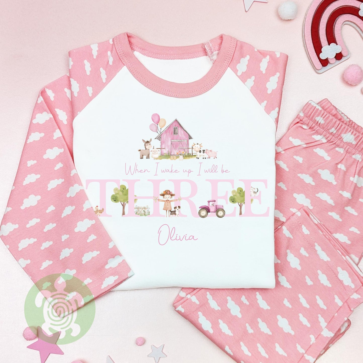 Personalised Pink Farm House Birthday Pyjamas, When I Wake Up I’ll Be, Farm Themed Birthday PJs, Green Strips, Baseball Nightwear, Any Age