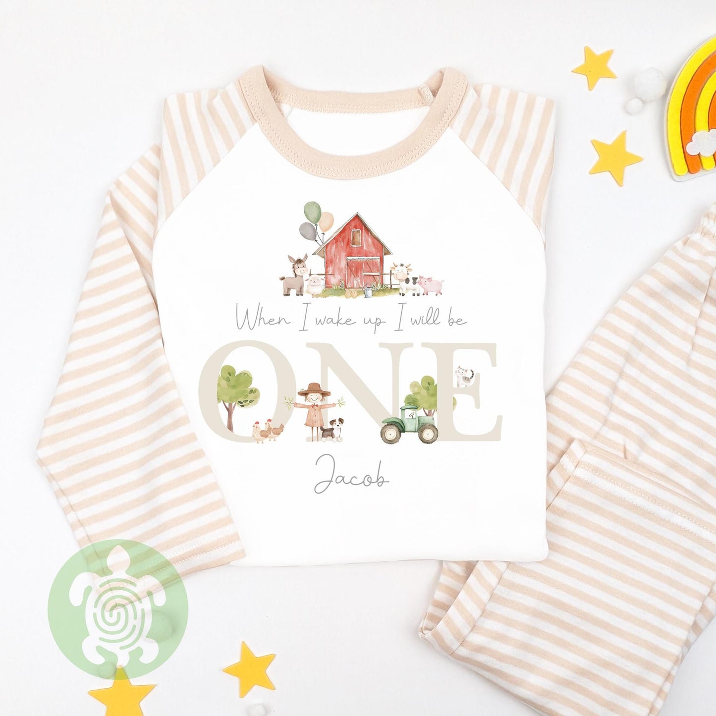 Personalised Beige Farm House Birthday Pyjamas, When I Wake Up I’ll Be, Farm Themed Birthday PJs, Green Strips, Baseball Nightwear, Any Age