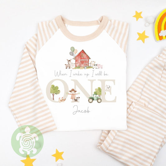 Beige Farm House When I Wake Up Personalised Kids Outfit, Birthday Morning Animal Set, Custom Name Cotton Clothing Set, Tight-fitting style