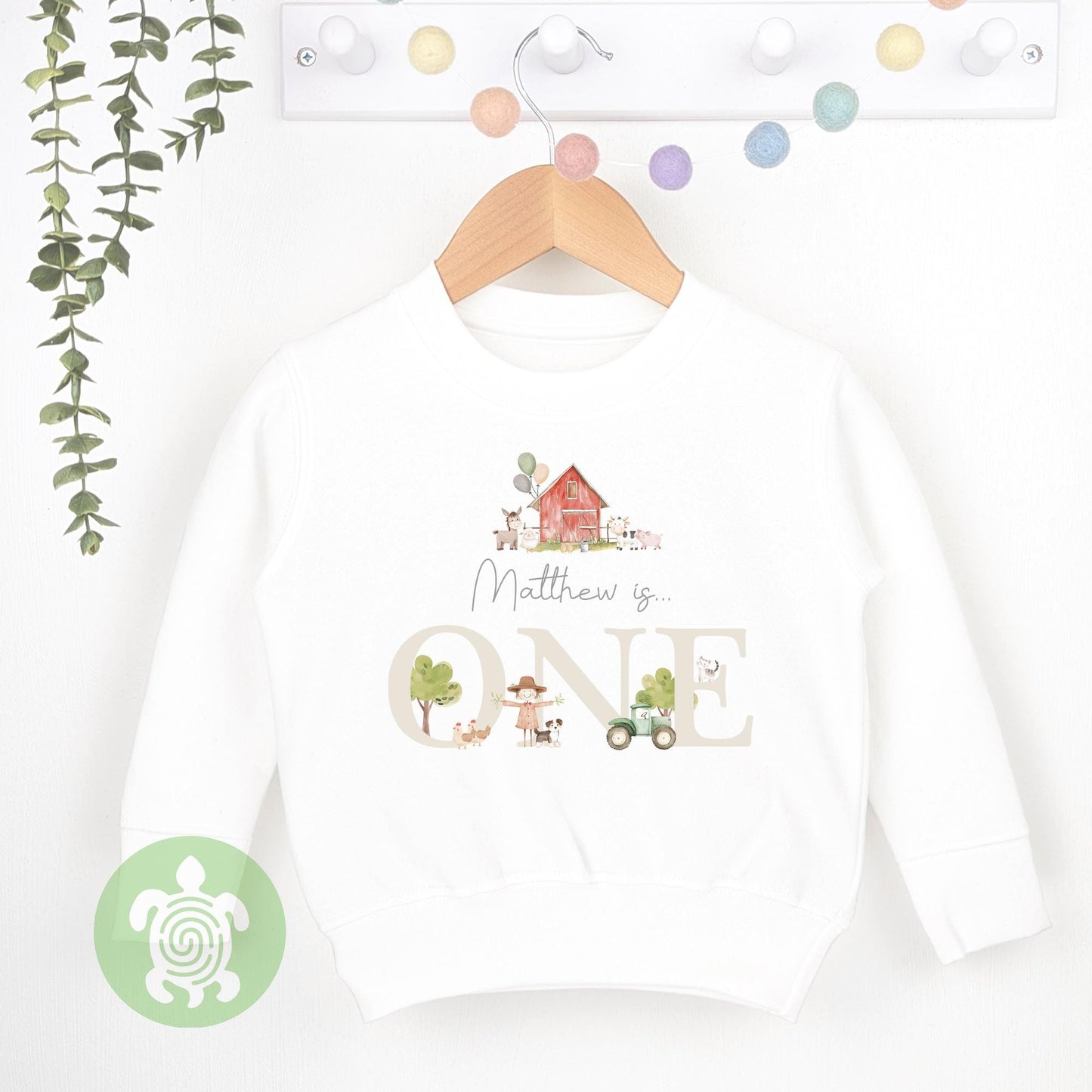 Beige Farm Any Age, 1st Birthday Party Sweatshirt, Personalised First Birthday design Childs Jumper Sweatshirt Baby Boy Girl