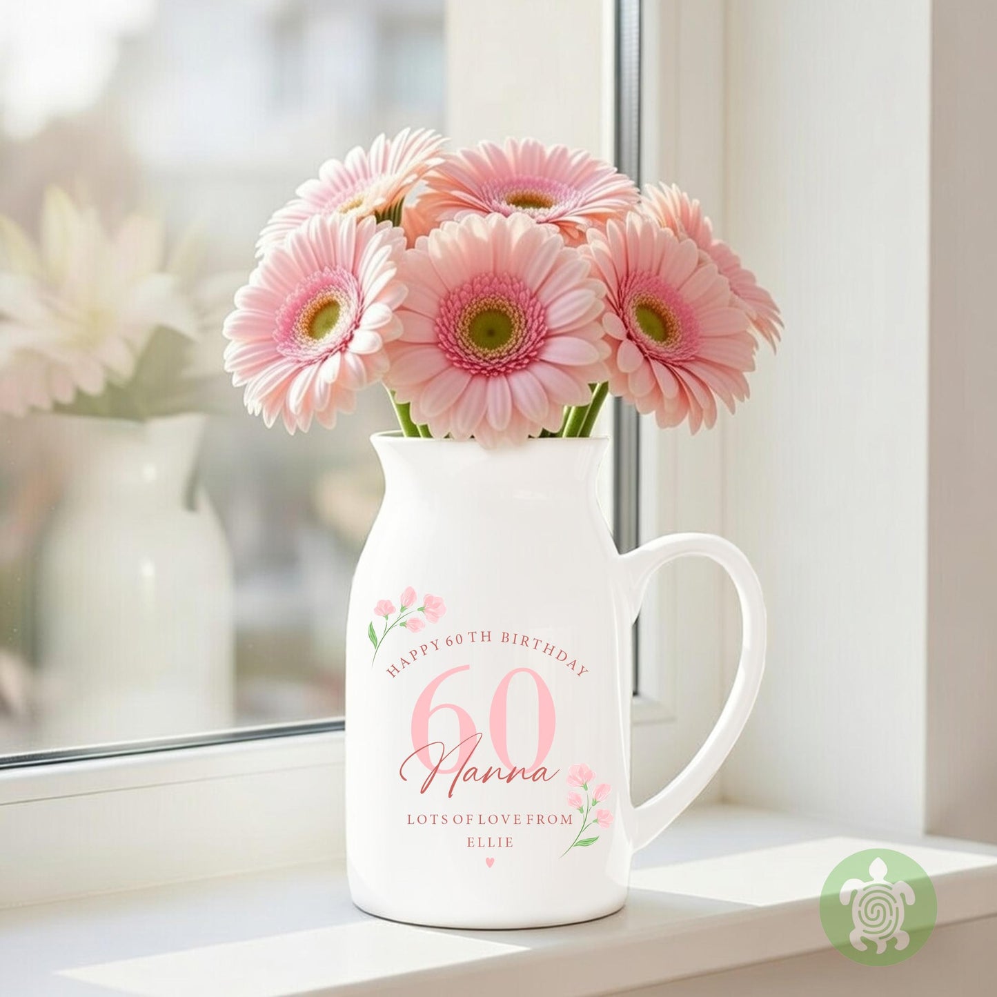 Personalised Floral Happy Birthday Ceramic Jug, Milestone Birthday Vase, Flower Mug Jug, Mum Gift, Nanny Present, Keepsake, Pink, Blue