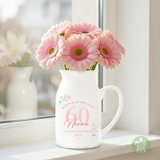 Personalised Floral Happy Birthday Ceramic Jug, Milestone Birthday Vase, Flower Mug Jug, Mum Gift, Nanny Present, Keepsake, Pink, Blue