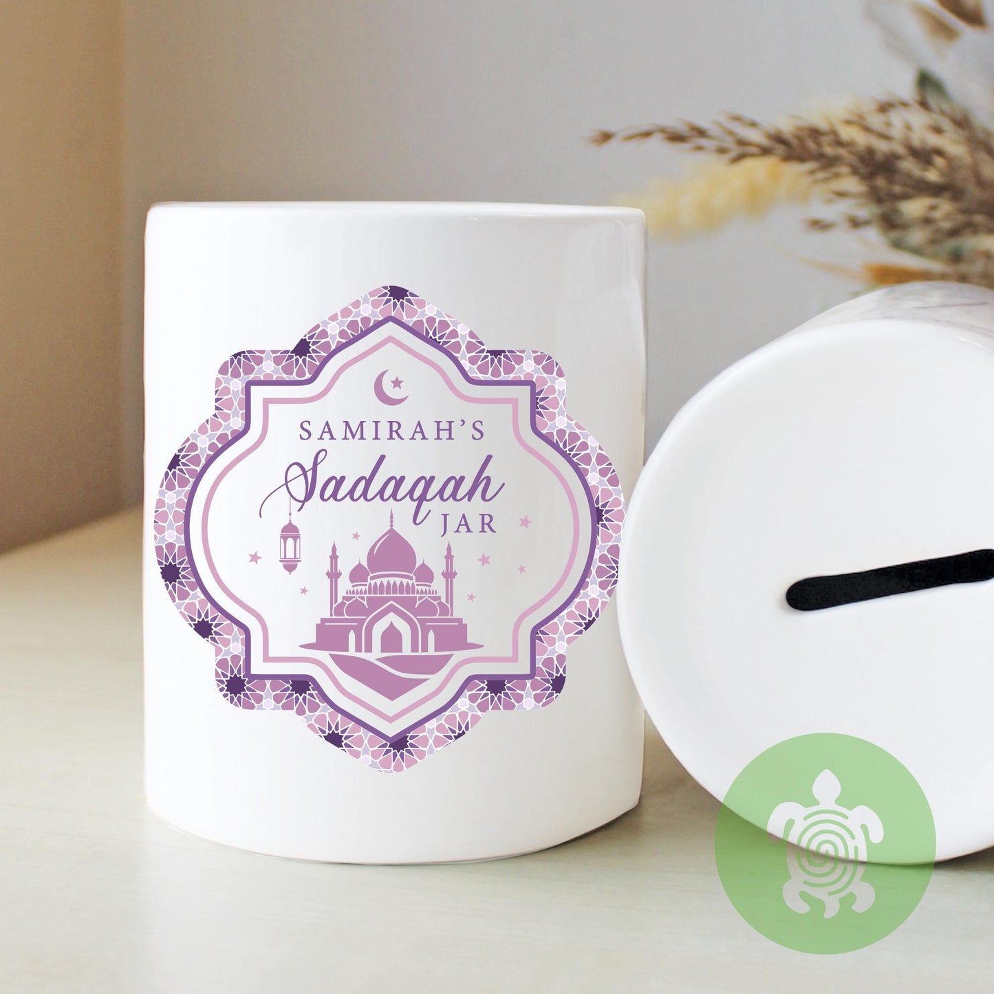 Personalised Sadaqah Ceramic Money Box, Charity Jar, Savings Box, Islamic Gift, Eid Mubarak, Ramadan, Girih, Pink, Blue, Green, Purple, Gold