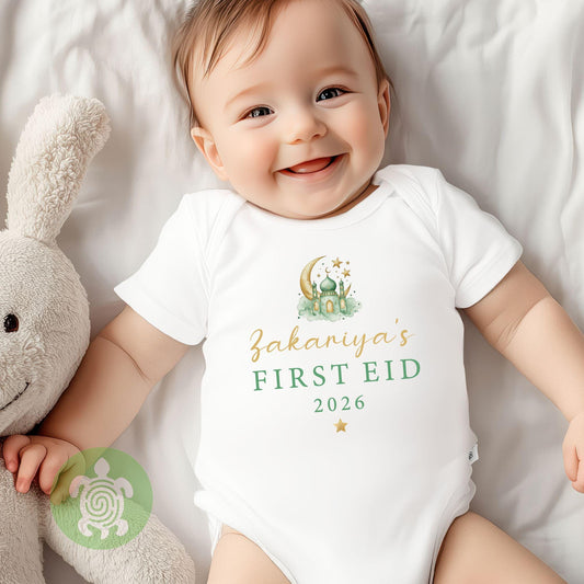 Personalised Baby's First Eid Bodysuit, My 1st Eid, Newborn Sleepwear, Celebration Pyjamas, Eid Ramadan, Baby vest, Bib, Eid Mubarak