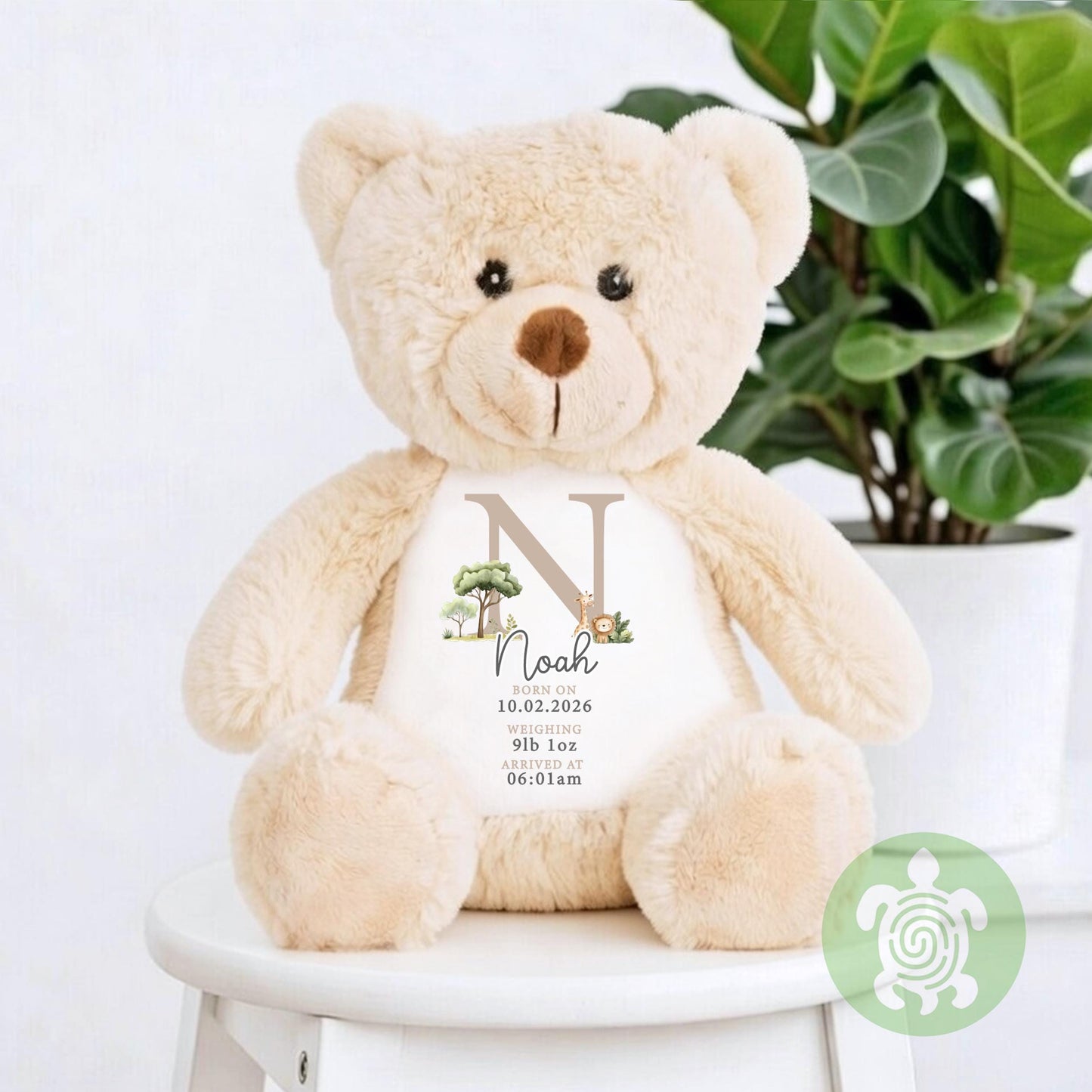 Personalised Beige Safari Birth Stat Bunny, Newborn Baby Gift, Custom Soft Toy for Newborn, Birth Stats, Newborn Babies Keepsake, Baby Gift