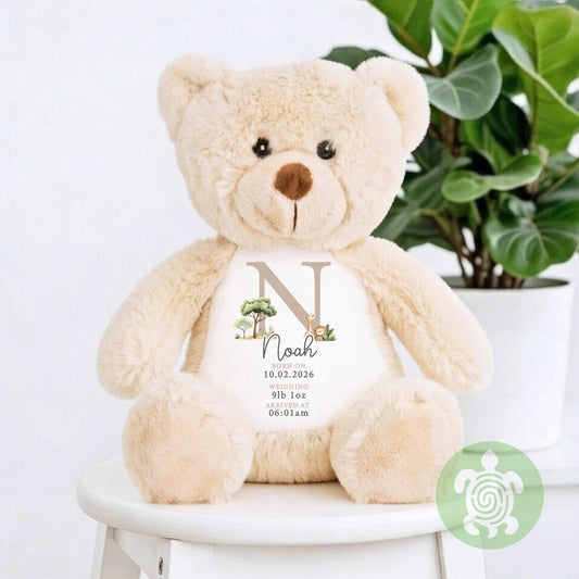 Personalised Beige Safari Birth Stat Bunny, Newborn Baby Gift, Custom Soft Toy for Newborn, Birth Stats, Newborn Babies Keepsake, Baby Gift