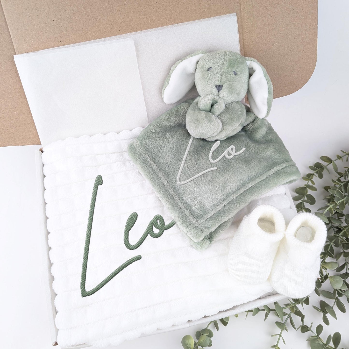 Embroidered Sage Green Bunny Comforter Blanket Gift Set | Baby Shower Gift | Baby Booties | Baby Gift | Newborn Girl Boy | Newborn Baby Gift