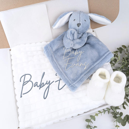 Embroidered Dusty Blue Bunny Comforter Blanket Gift Set | Baby Shower Gift | Baby Booties | Baby Gift | Newborn Girl Boy | Newborn Baby Gift