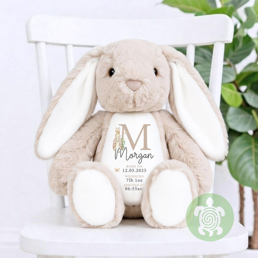 Personalised Beige Birth Stat Bunny, Newborn Baby Gift, Custom Soft Toy for Newborn, Birth Stats, Newborn Babies Keepsake, New Baby Gift