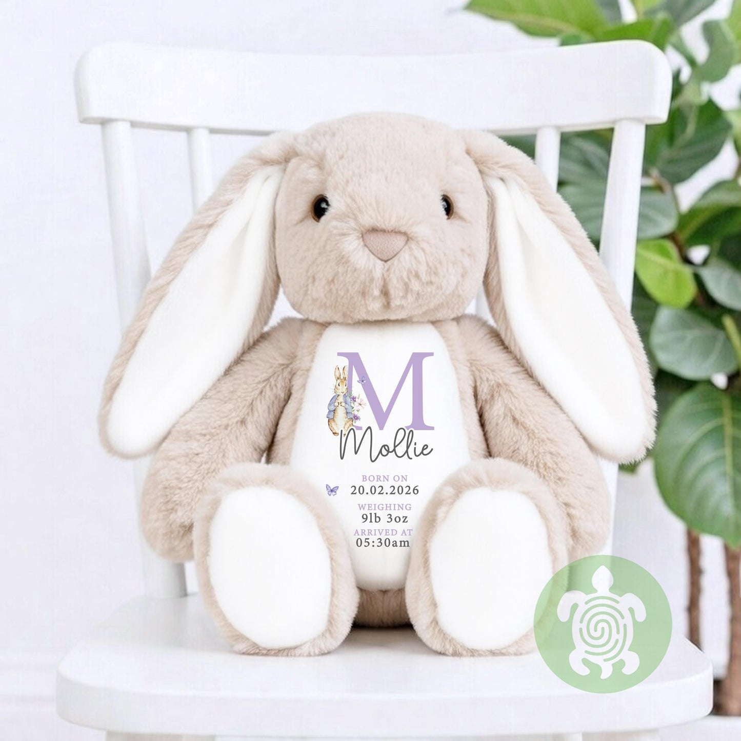 Personalised Purple Birth Stat Bunny, Newborn Baby Gift, Custom Soft Toy for Newborn, Birth Stats, Newborn Babies Keepsake, New Baby Gift