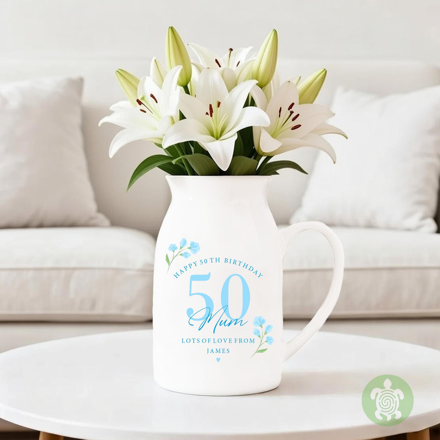 Personalised Floral Happy Birthday Ceramic Jug, Milestone Birthday Vase, Flower Mug Jug, Mum Gift, Nanny Present, Keepsake, Pink, Blue