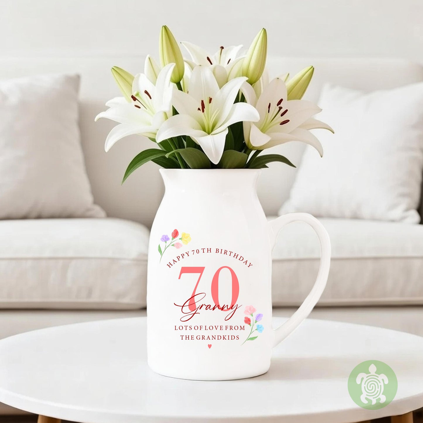 Personalised Floral Happy Birthday Ceramic Jug, Milestone Birthday Vase, Flower Mug Jug, Mum Gift, Nanny Present, Keepsake, Pink, Blue