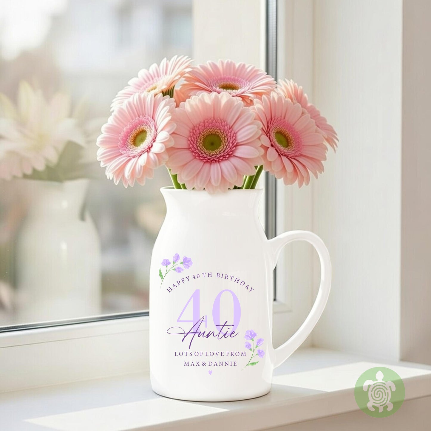 Personalised Floral Happy Birthday Ceramic Jug, Milestone Birthday Vase, Flower Mug Jug, Mum Gift, Nanny Present, Keepsake, Pink, Blue