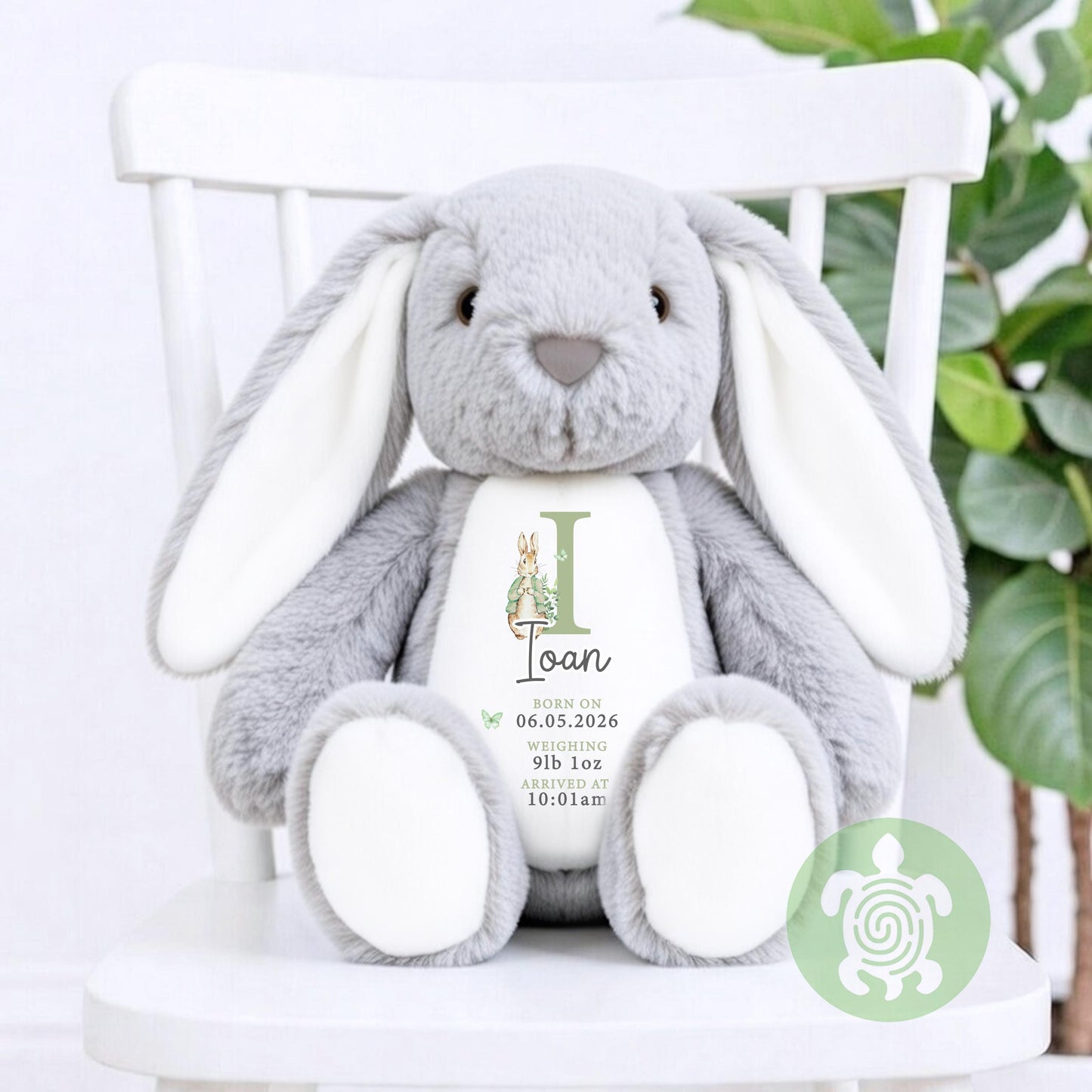 Personalised Green Birth Stat Bunny, Newborn Baby Gift, Custom Soft Toy for Newborn, Birth Stats, Newborn Babies Keepsake, New Baby Gift