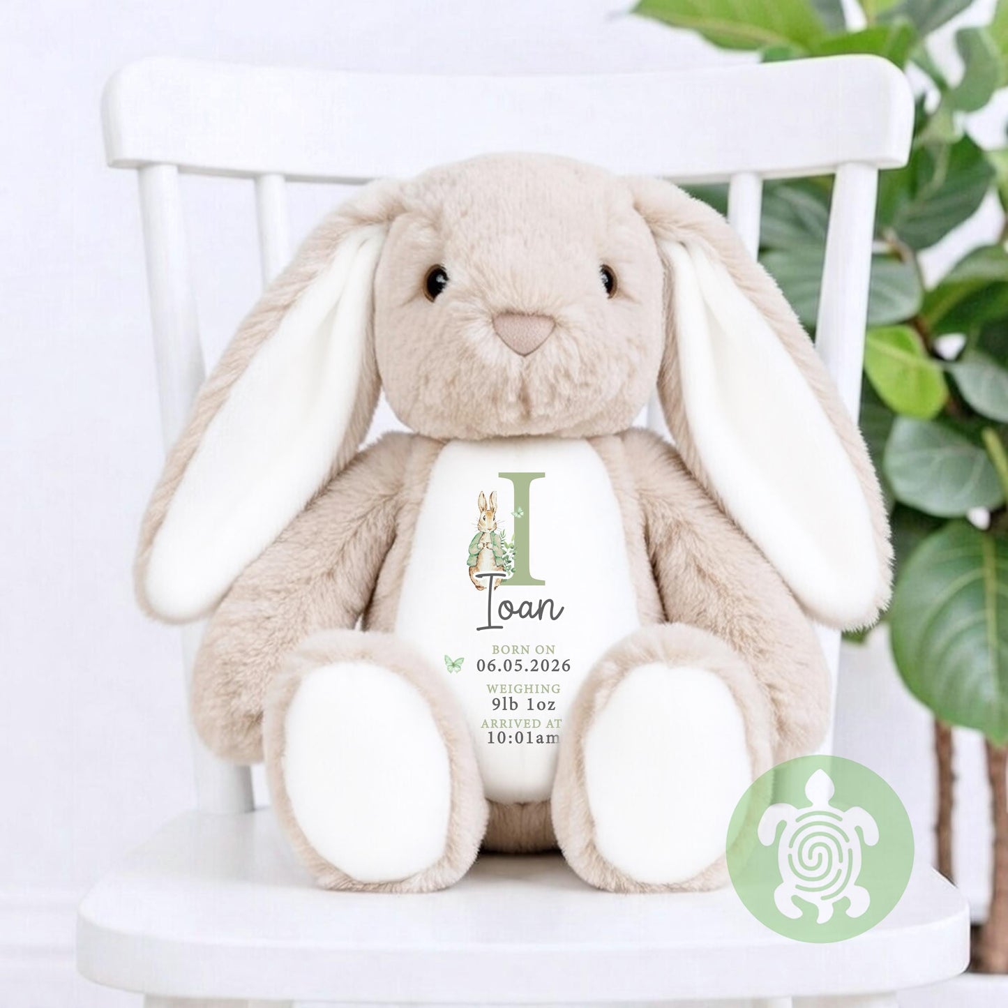 Personalised Green Birth Stat Bunny, Newborn Baby Gift, Custom Soft Toy for Newborn, Birth Stats, Newborn Babies Keepsake, New Baby Gift
