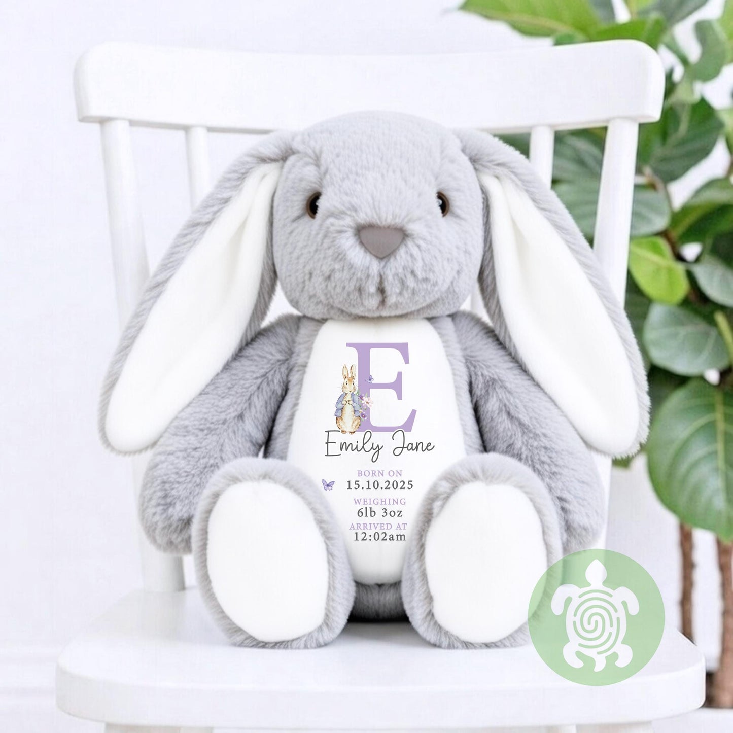 Personalised Purple Birth Stat Bunny, Newborn Baby Gift, Custom Soft Toy for Newborn, Birth Stats, Newborn Babies Keepsake, New Baby Gift