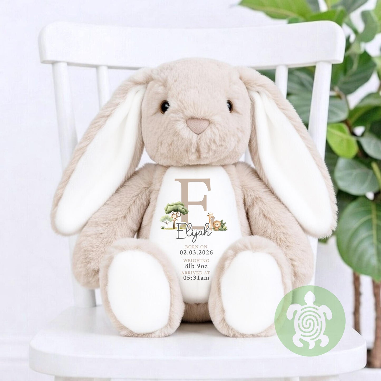 Personalised Beige Safari Birth Stat Bunny, Newborn Baby Gift, Custom Soft Toy for Newborn, Birth Stats, Newborn Babies Keepsake, Baby Gift