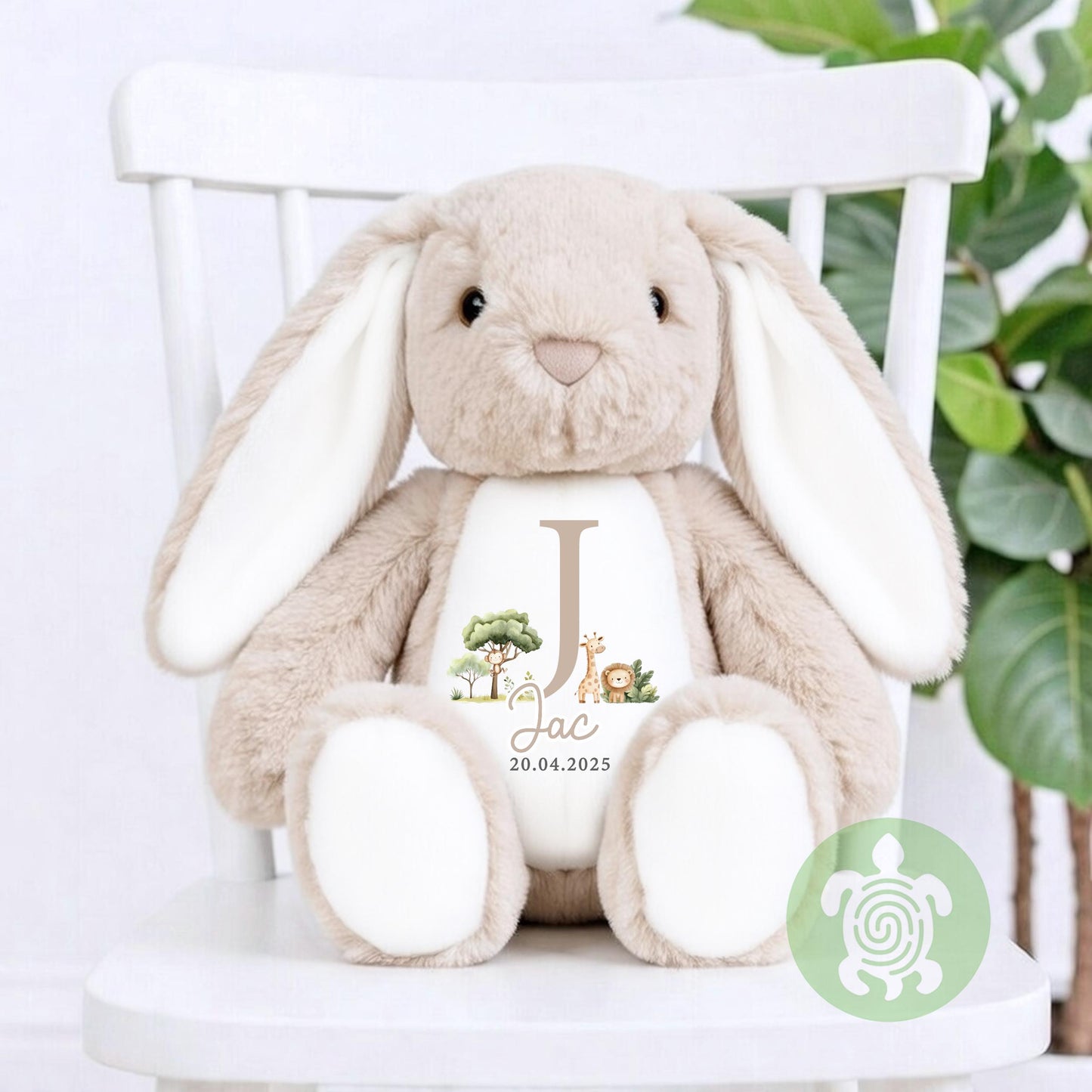 Personalised Beige Safari Initial Birth Bunny, Newborn Baby Gift, Custom Soft Toy for Newborn, Birthday, Newborn Babies Keepsake, New Baby